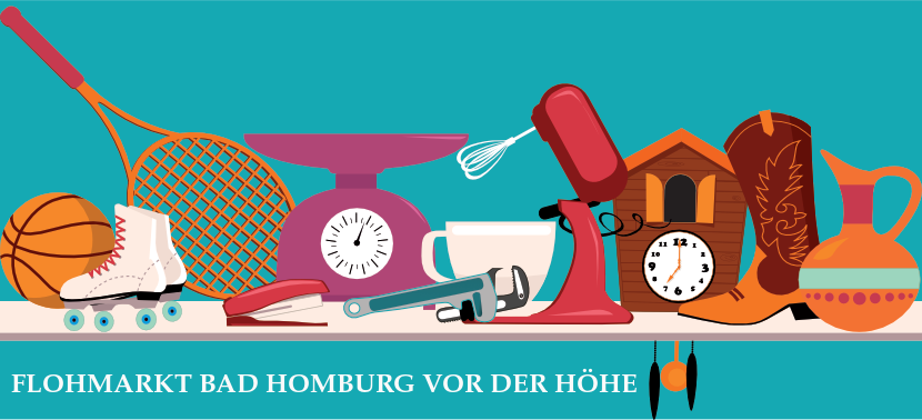 Flohmarkt-Ansicht von oben mit unterschiedlichen Ausstellungsstücken - Trödelmarkt in Bad Homburg vor der Höhe