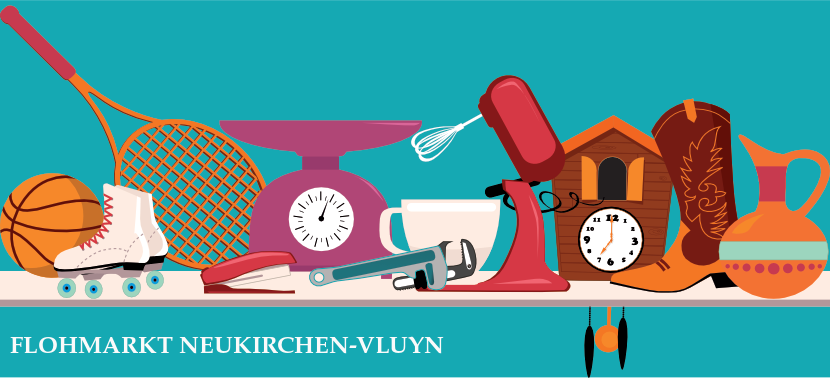 Flohmarkt-Ansicht von oben mit unterschiedlichen Ausstellungsstücken - Trödelmarkt in Neukirchen-Vluyn