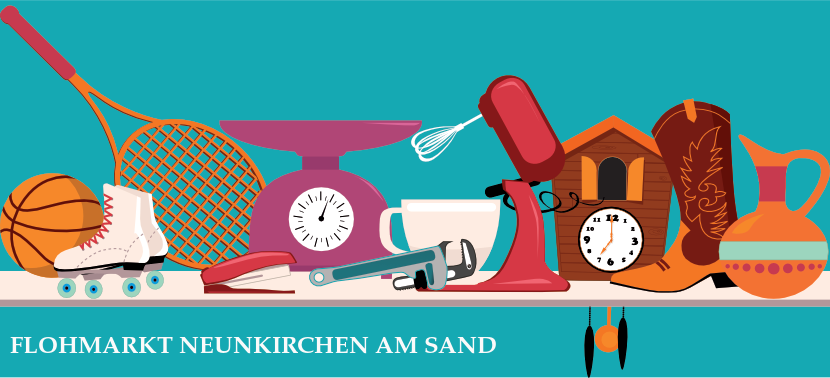 Flohmarkt-Ansicht von oben mit unterschiedlichen Ausstellungsstücken - Trödelmarkt in Neunkirchen am Sand