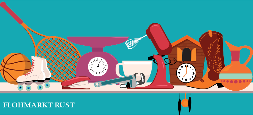 Flohmarkt-Ansicht von oben mit unterschiedlichen Ausstellungsstücken - Trödelmarkt in Rust